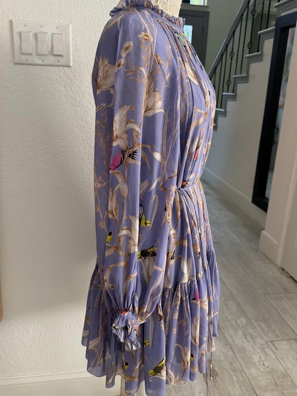 Banana Republic Floral Bird Print Ruffle Mini Dress Petite Large Purple EUC